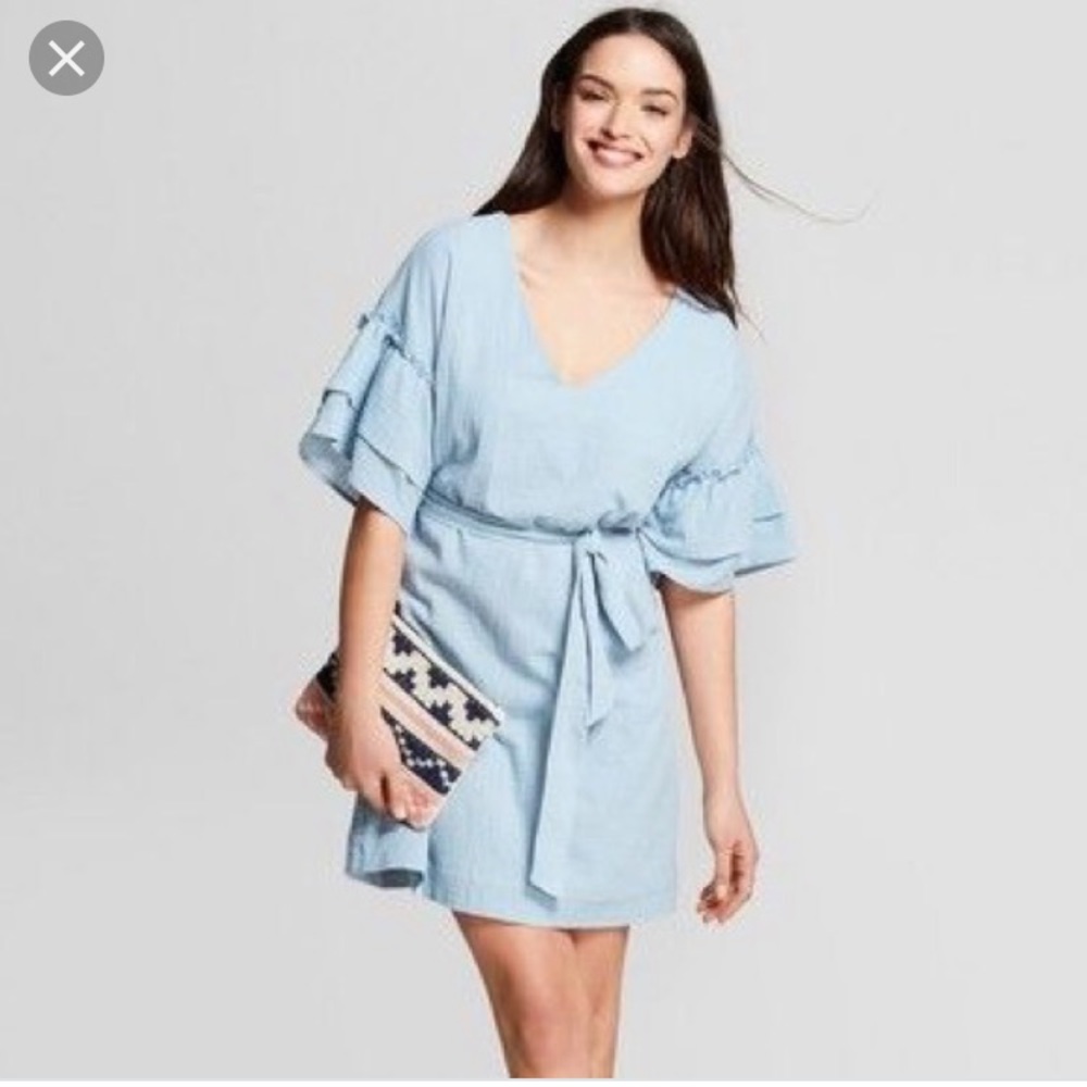 Light Blue Ruffle Sleeve Dress